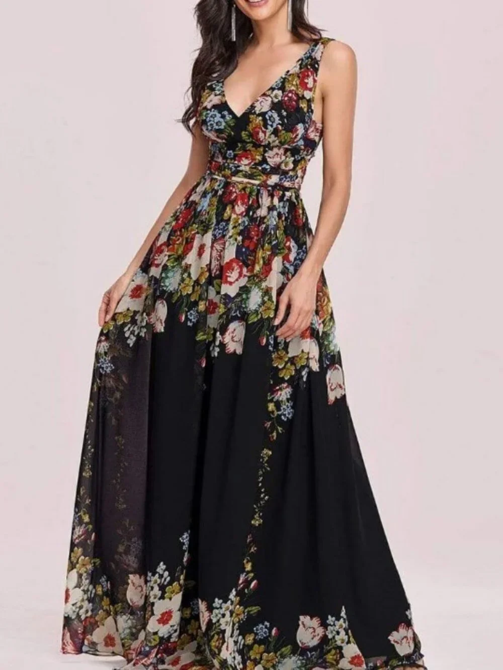 Ever Pretty floral sleeveless V-neck semi-formal maxi dress black women's size M - Picture 2 of 9
